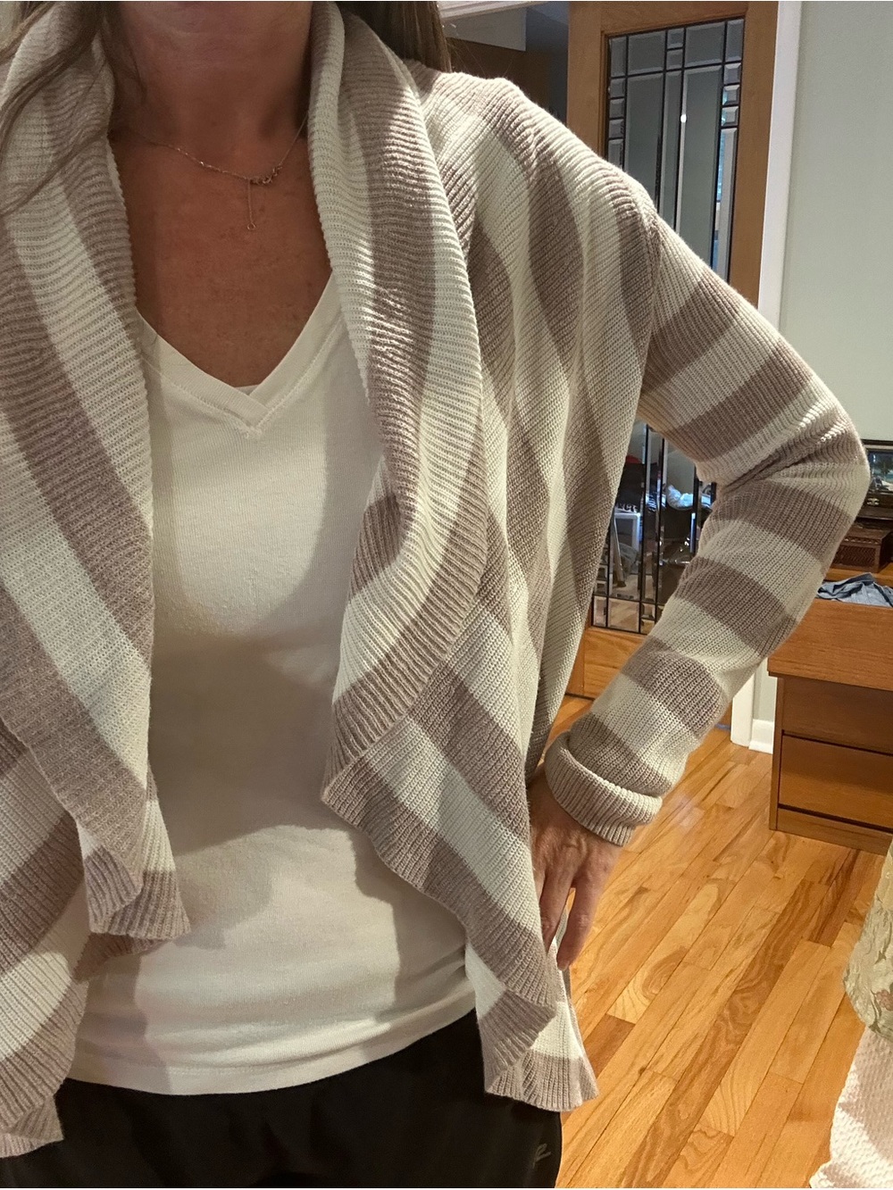 Express Women's Open-Front Striped Cardigan Sweater - Cream & Taupe